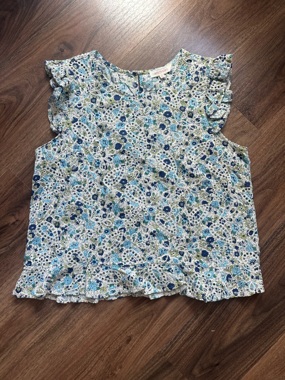 Solitaire Blue and GreenFloral Ruffle Sleeve Blouse